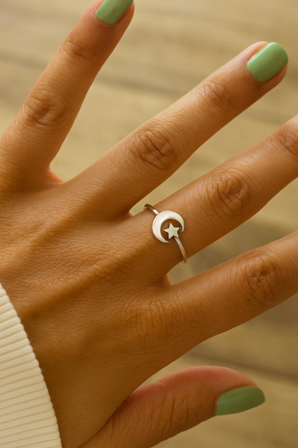 Sterling Silver Star and Moon Ring: Adjustable Celestial Jewellery