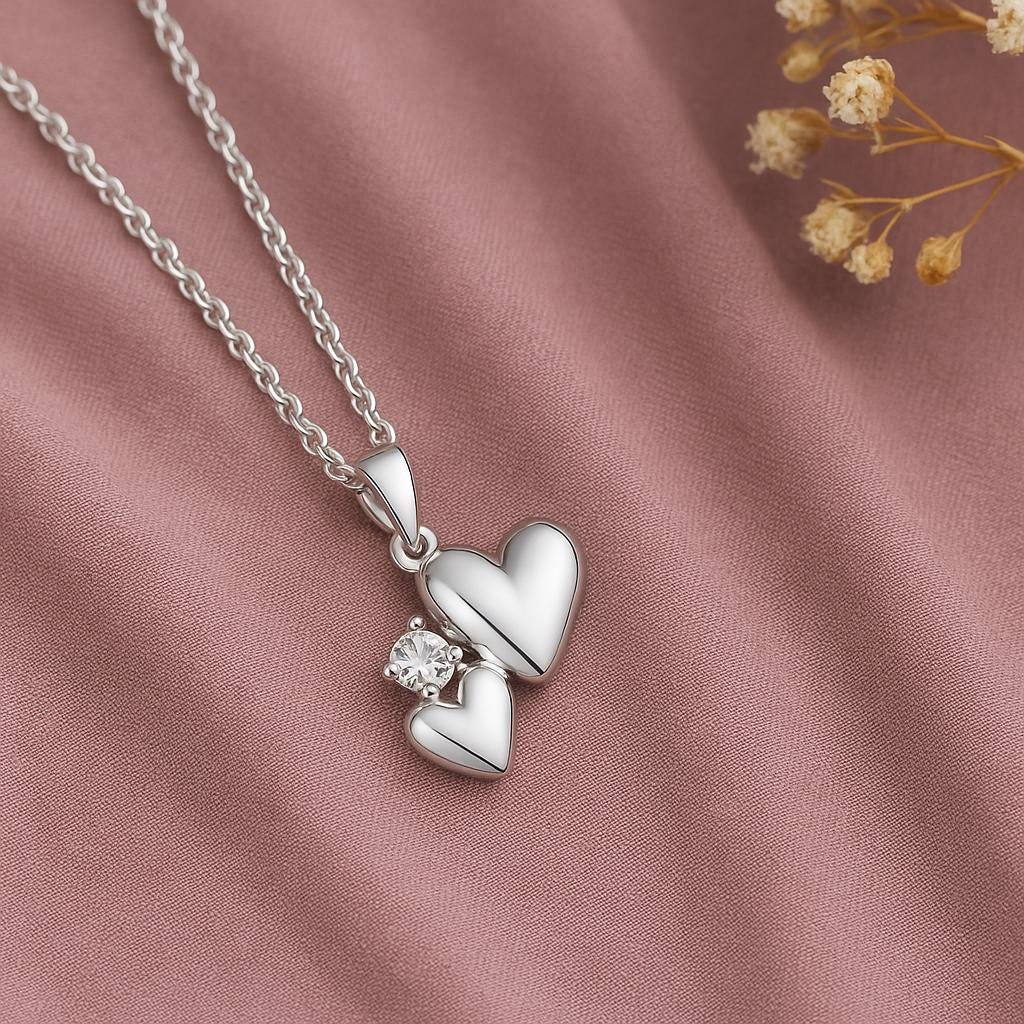 Sterling Silver 2 Hearts Pendant Necklace, Anniversary Necklace