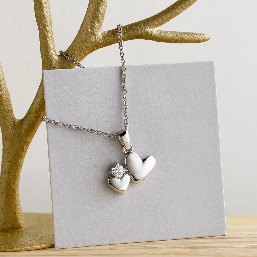 Sterling Silver 2 Hearts Pendant Necklace, Anniversary Necklace