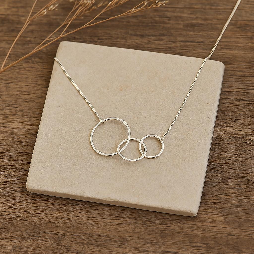 Sterling Silver Three Ring Necklace, Interlinked Necklace