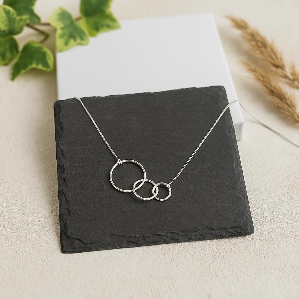 Sterling Silver Three Ring Necklace, Interlinked Necklace