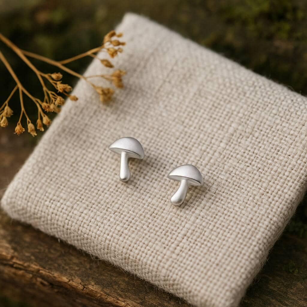 Sterling Silver Tiny Mushroom Stud Earrings: Dainty Woodland Design