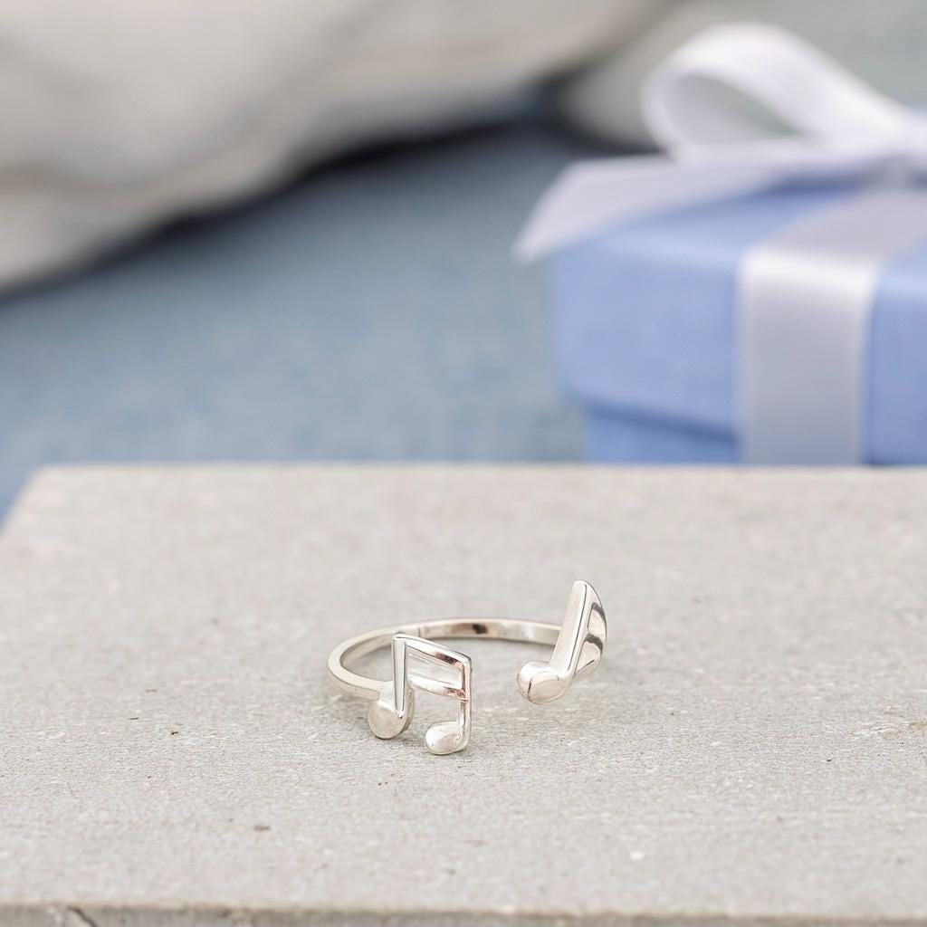 Sterling Silver Music Note Ring: Adjustable Open Band, Gift for Musician