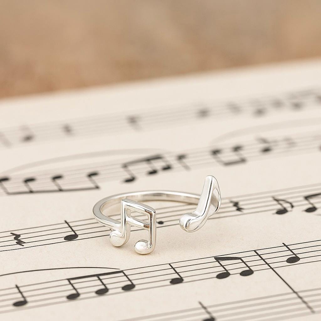 Sterling Silver Music Note Ring: Adjustable Open Band, Gift for Musician