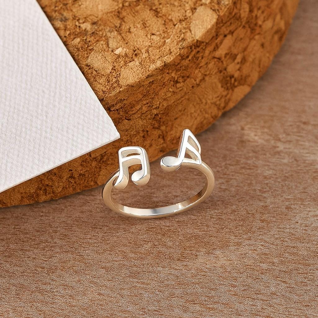 Sterling Silver Music Note Ring: Adjustable Open Band, Gift for Musician