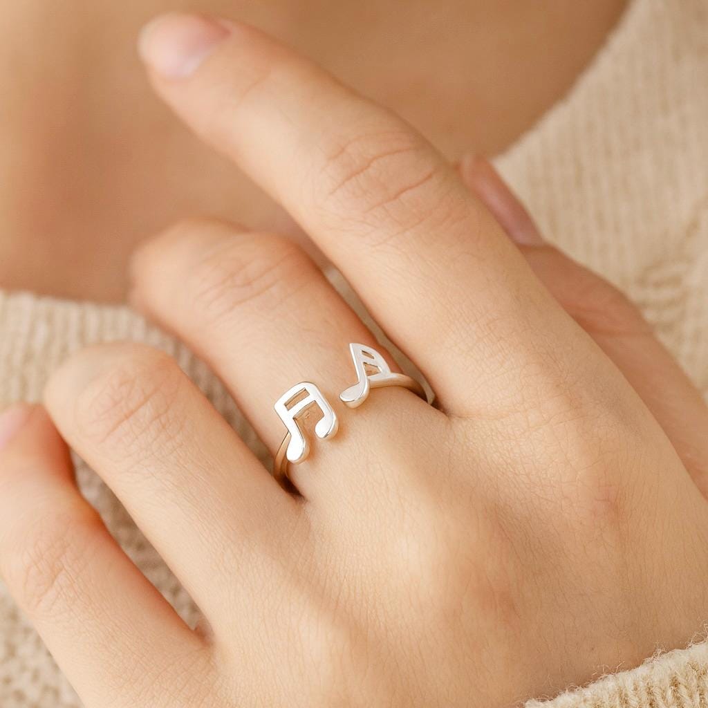 Sterling Silver Music Note Ring: Adjustable Open Band, Gift for Musician
