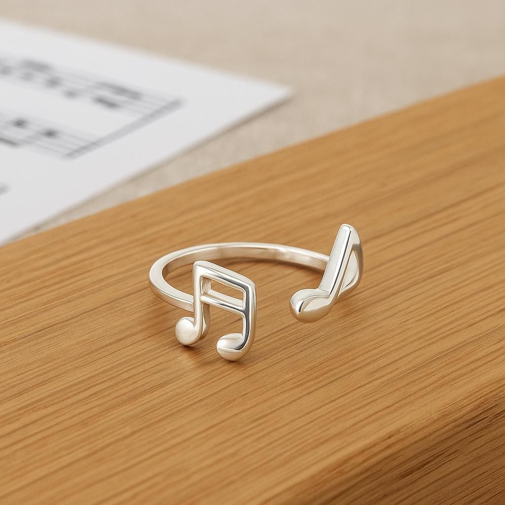 Sterling Silver Music Note Ring: Adjustable Open Band, Gift for Musician