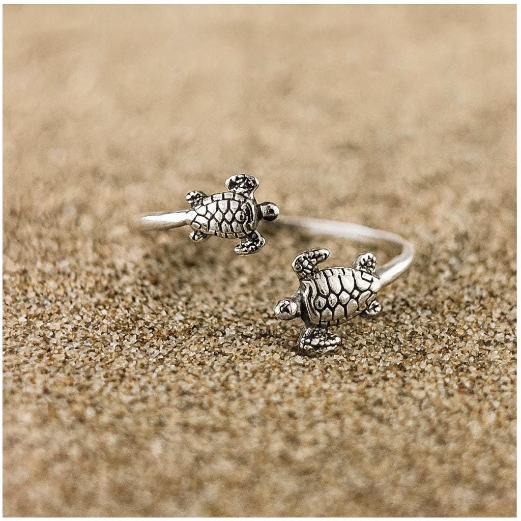 Oxidized Sterling Silver Turtle Ring: Adjustable Open Band