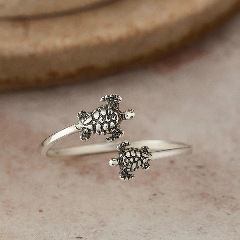 Oxidized Sterling Silver Turtle Ring: Adjustable Open Band