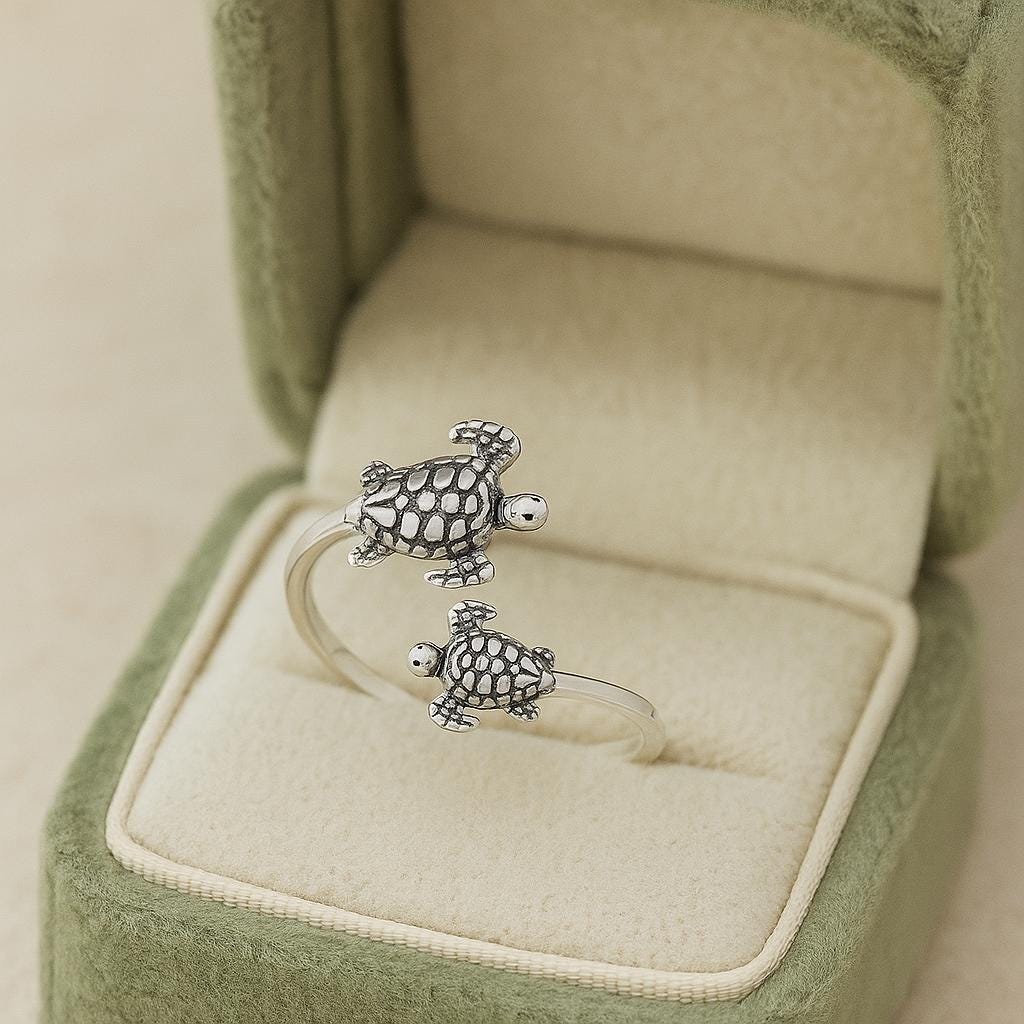 Oxidized Sterling Silver Turtle Ring: Adjustable Open Band