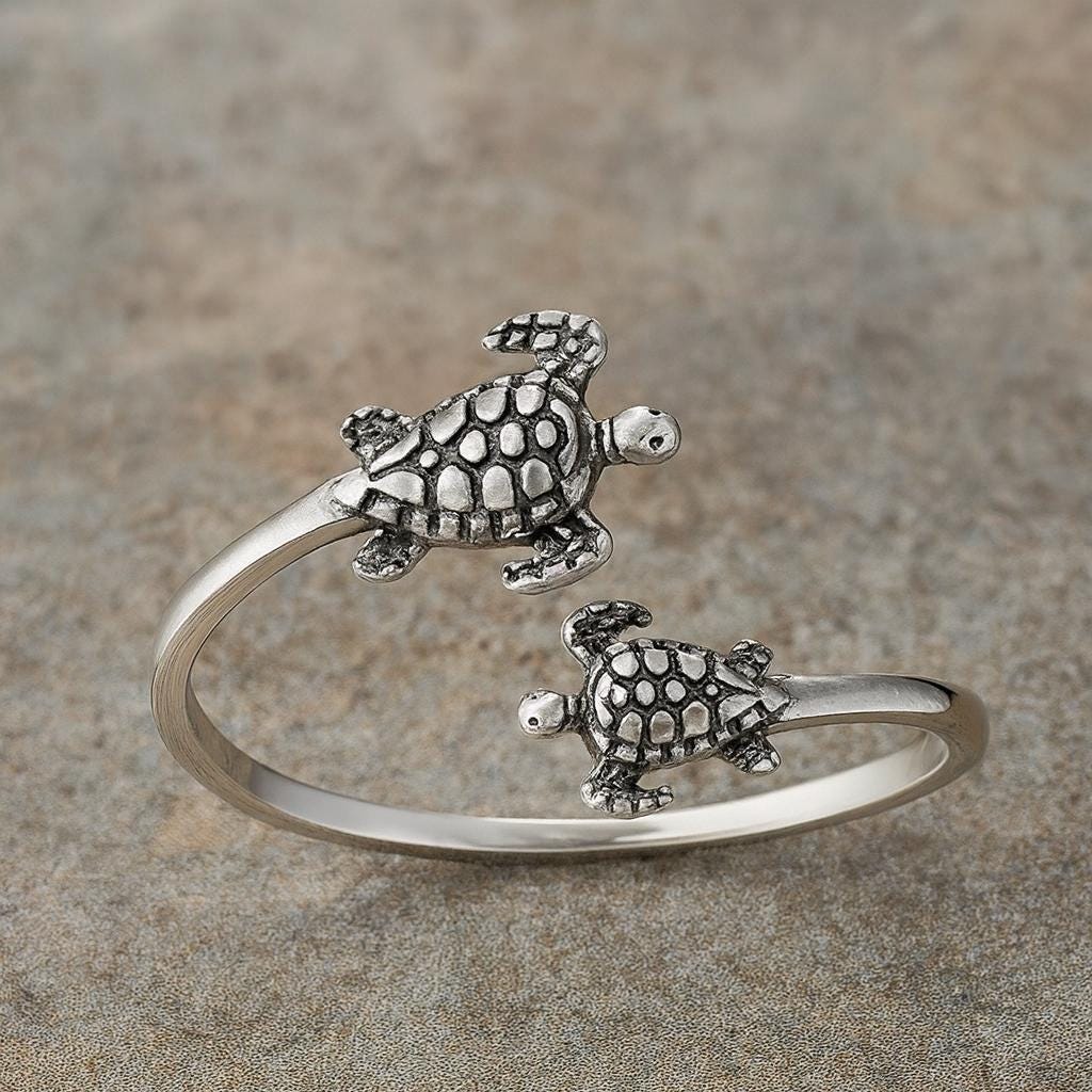 Oxidized Sterling Silver Turtle Ring: Adjustable Open Band