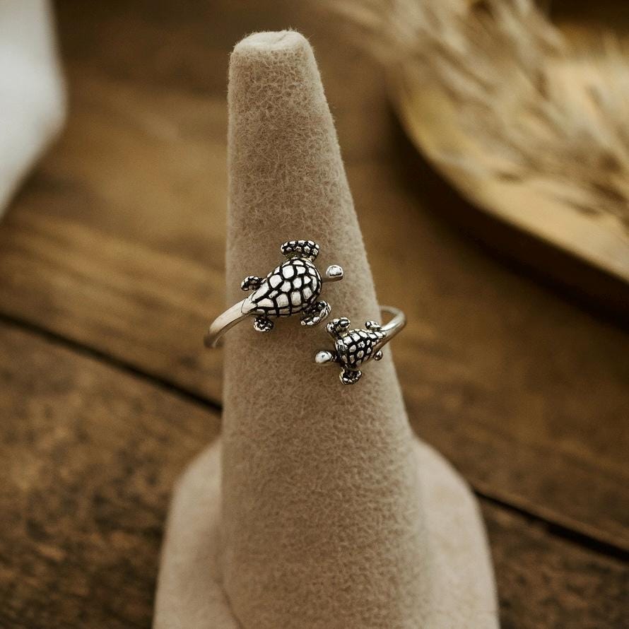 Oxidized Sterling Silver Turtle Ring: Adjustable Open Band