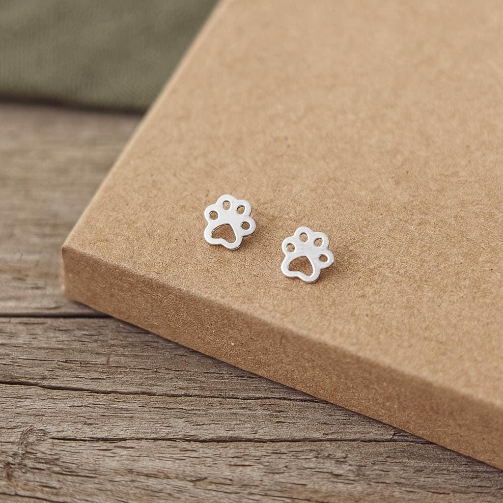 Sterling Silver Paw Print Stud Earrings: Animal Lover Gift
