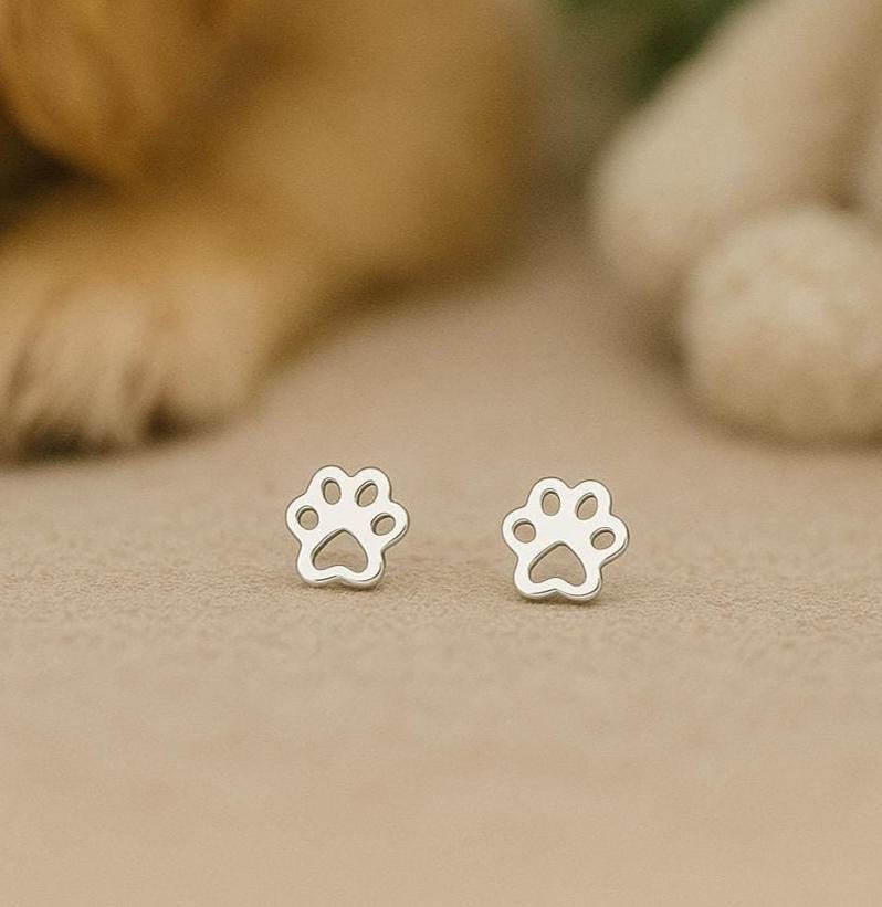 Sterling Silver Paw Print Stud Earrings: Animal Lover Gift