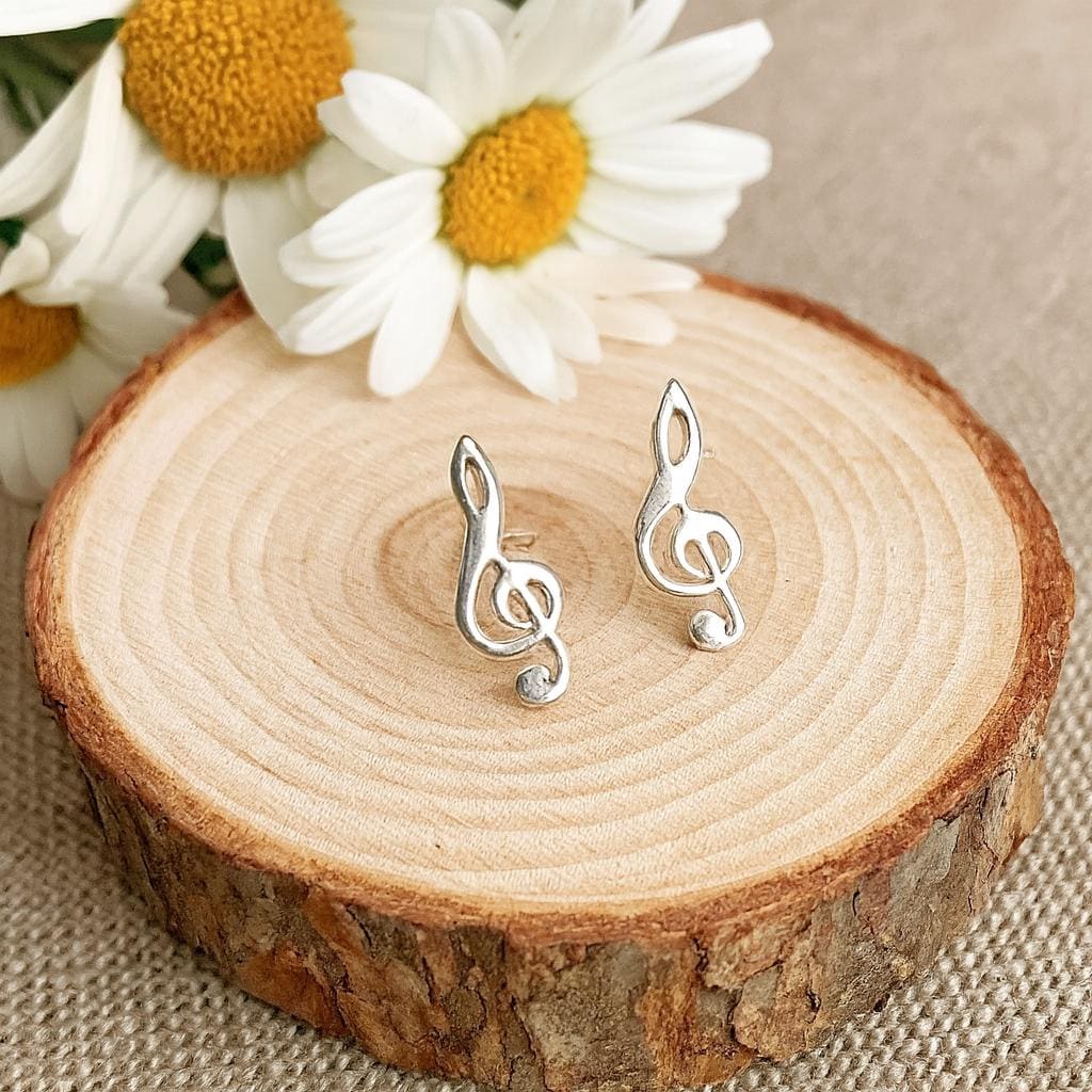 Sterling Silver Music Note Stud Earrings: 925 Silver Treble Clef
