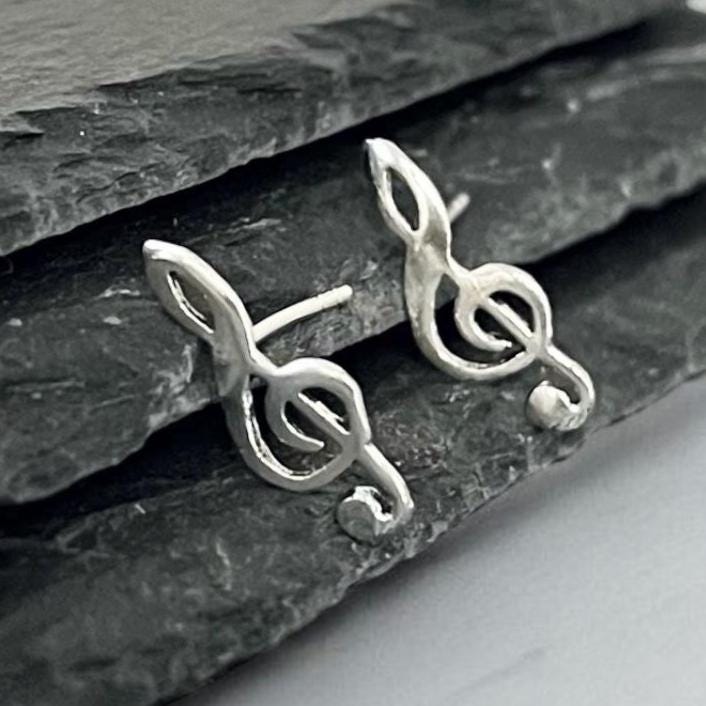 Sterling Silver Music Note Stud Earrings: 925 Silver Treble Clef