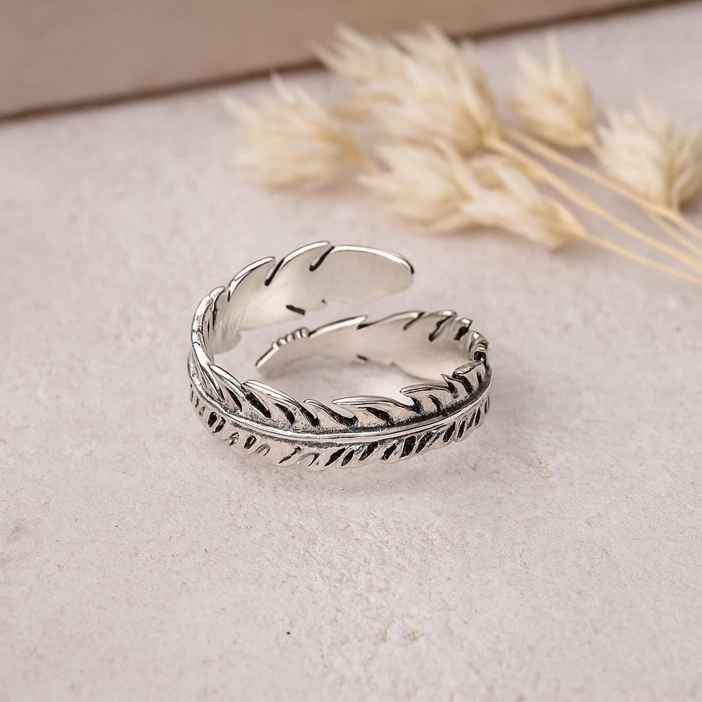 Adjustable Sterling Silver Feather Ring: Boho Jewellery