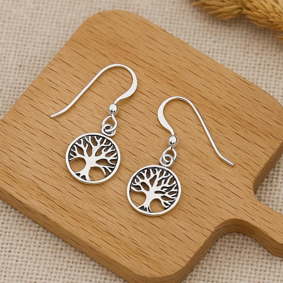 Oxidized Sterling Silver Tree of Life Hook Earrings