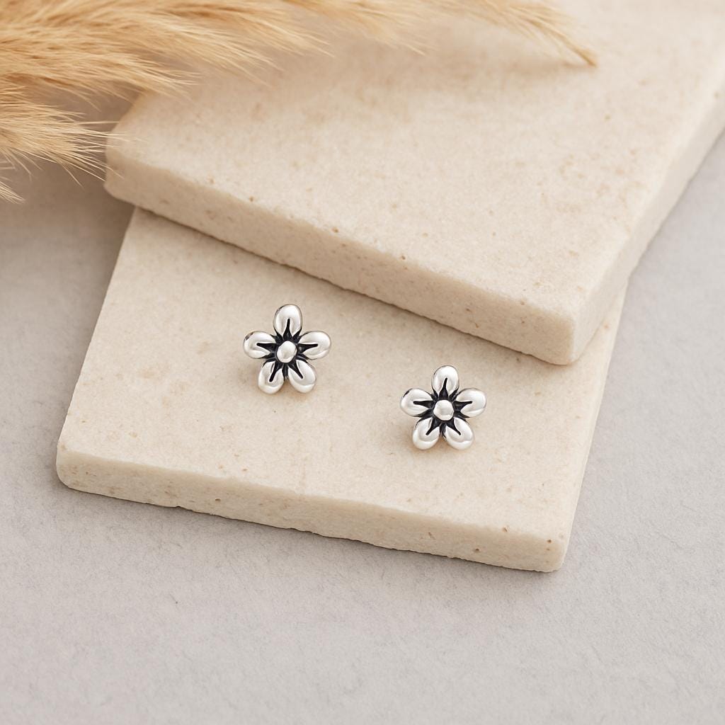 Sterling Silver Flower Petal Stud Earrings: Dainty Floral Jewellery