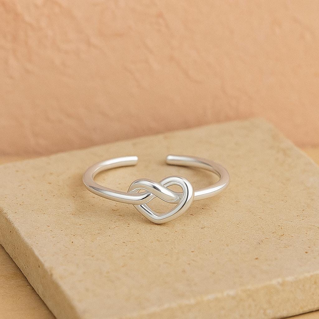 Sterling Silver Heart Knot Open Ring, Adjustable Ring