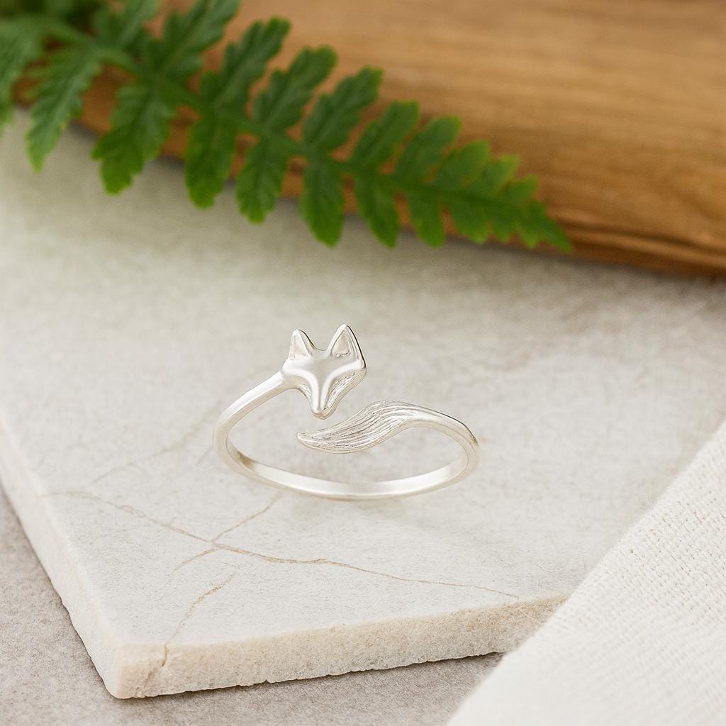 Sterling Silver Fox Ring: Adjustable Open Wrap Design