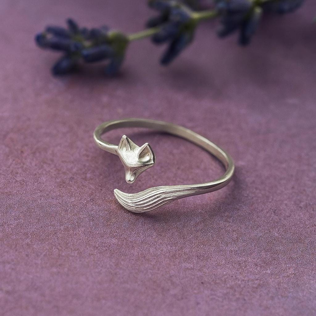 Sterling Silver Fox Ring: Adjustable Open Wrap Design