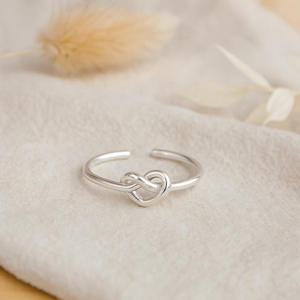 Sterling Silver Heart Knot Open Ring, Adjustable Ring