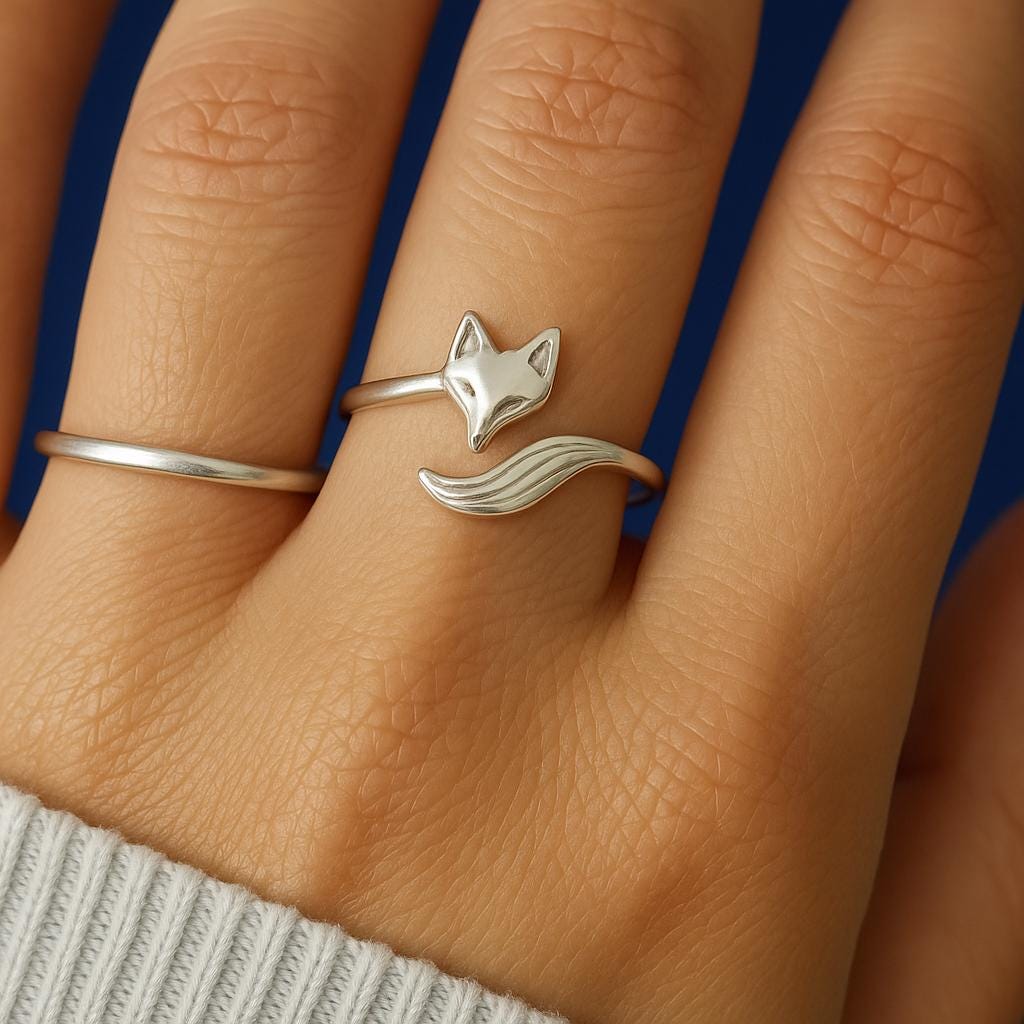 Sterling Silver Fox Ring: Adjustable Open Wrap Design