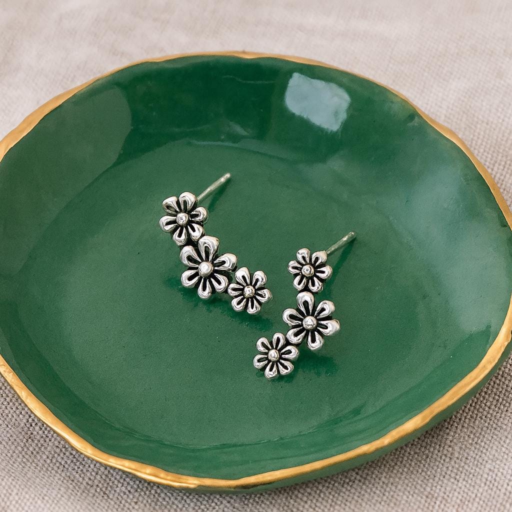 Sterling Silver Triple Flower Stud Earrings : Dainty Floral Silver Earrings