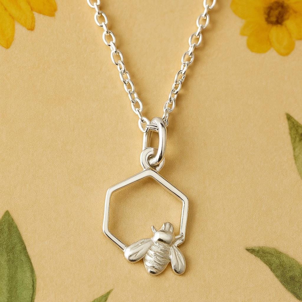 Sterling Silver Honeycomb Bee Pendant Necklace, Nature Inspired Jewellery, Bee Lover Gift