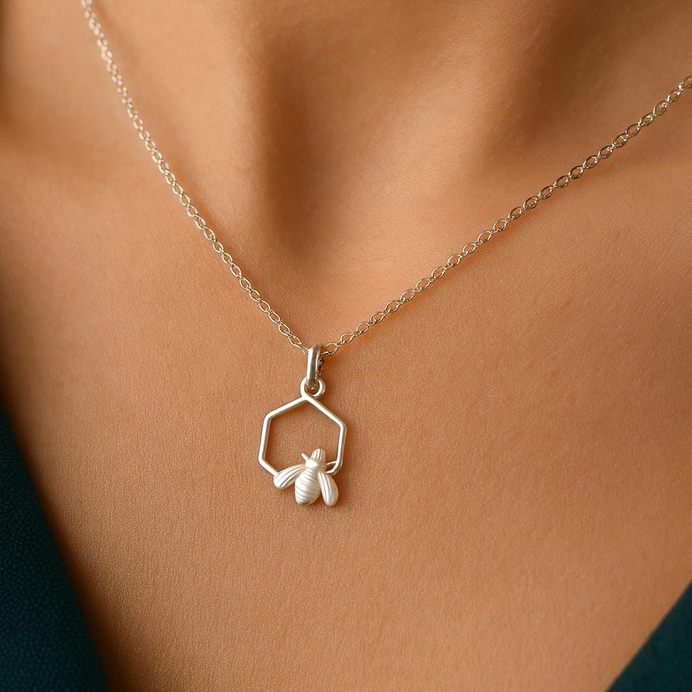 Sterling Silver Honeycomb Bee Pendant Necklace, Nature Inspired Jewellery, Bee Lover Gift