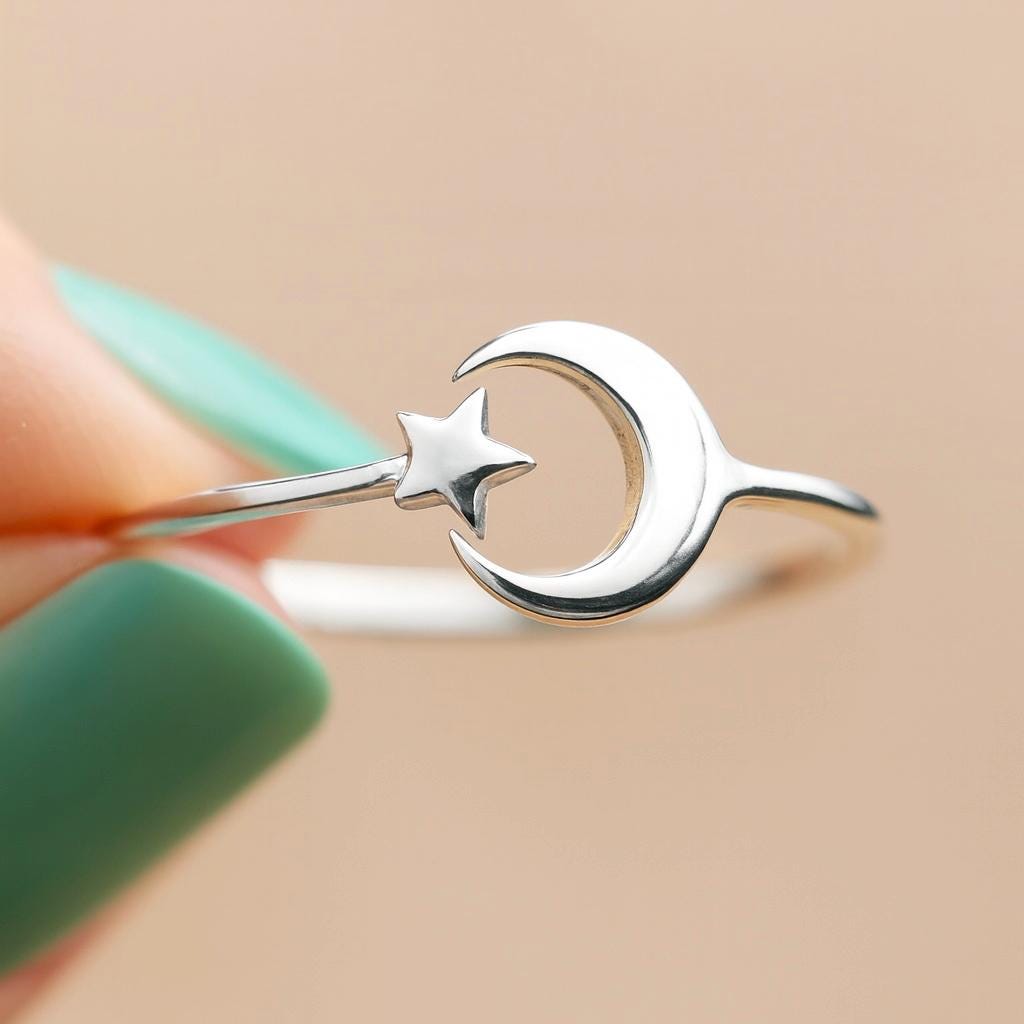 Sterling Silver Star and Moon Ring: Adjustable Celestial Jewellery