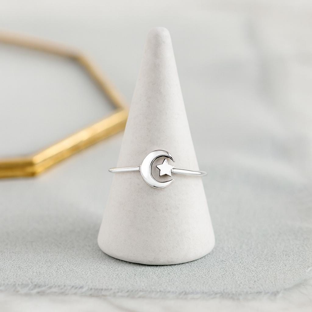 Sterling Silver Star and Moon Ring: Adjustable Celestial Jewellery