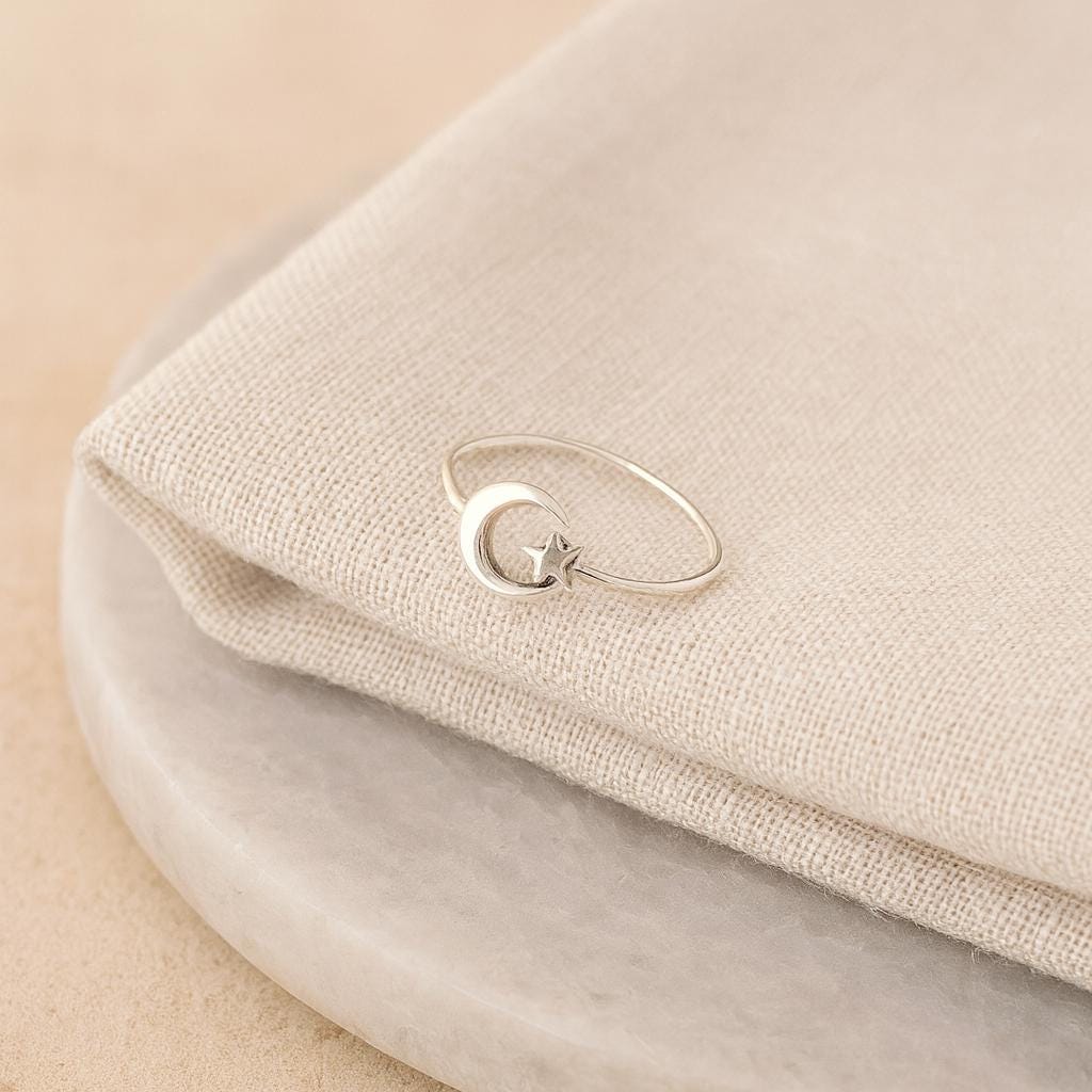 Sterling Silver Star and Moon Ring: Adjustable Celestial Jewellery