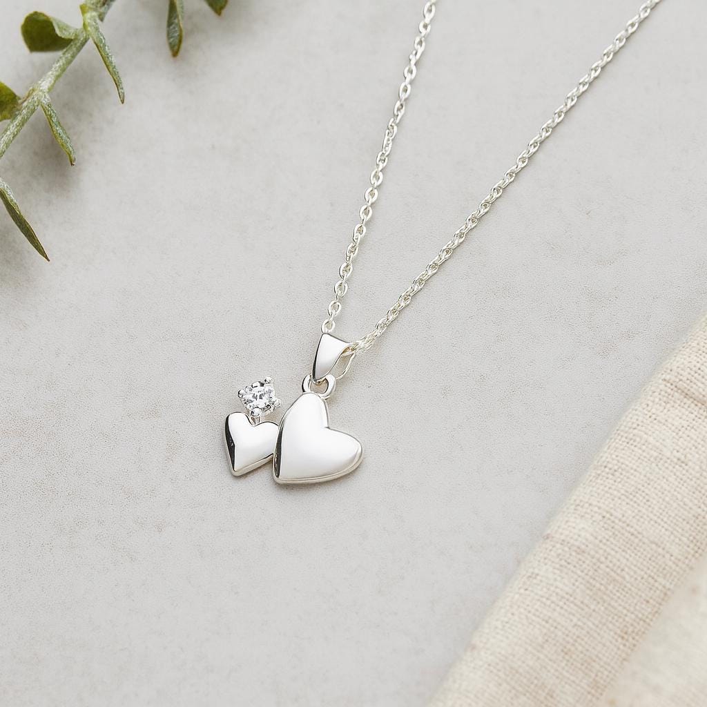 Sterling Silver 2 Hearts Pendant Necklace, Anniversary Necklace