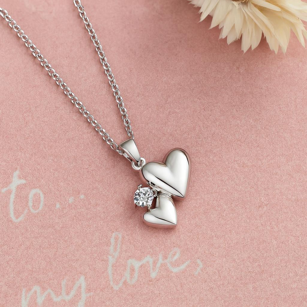 Sterling Silver 2 Hearts Pendant Necklace, Anniversary Necklace