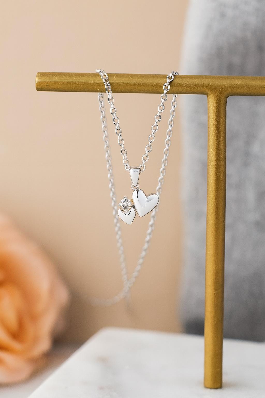 Sterling Silver 2 Hearts Pendant Necklace, Anniversary Necklace