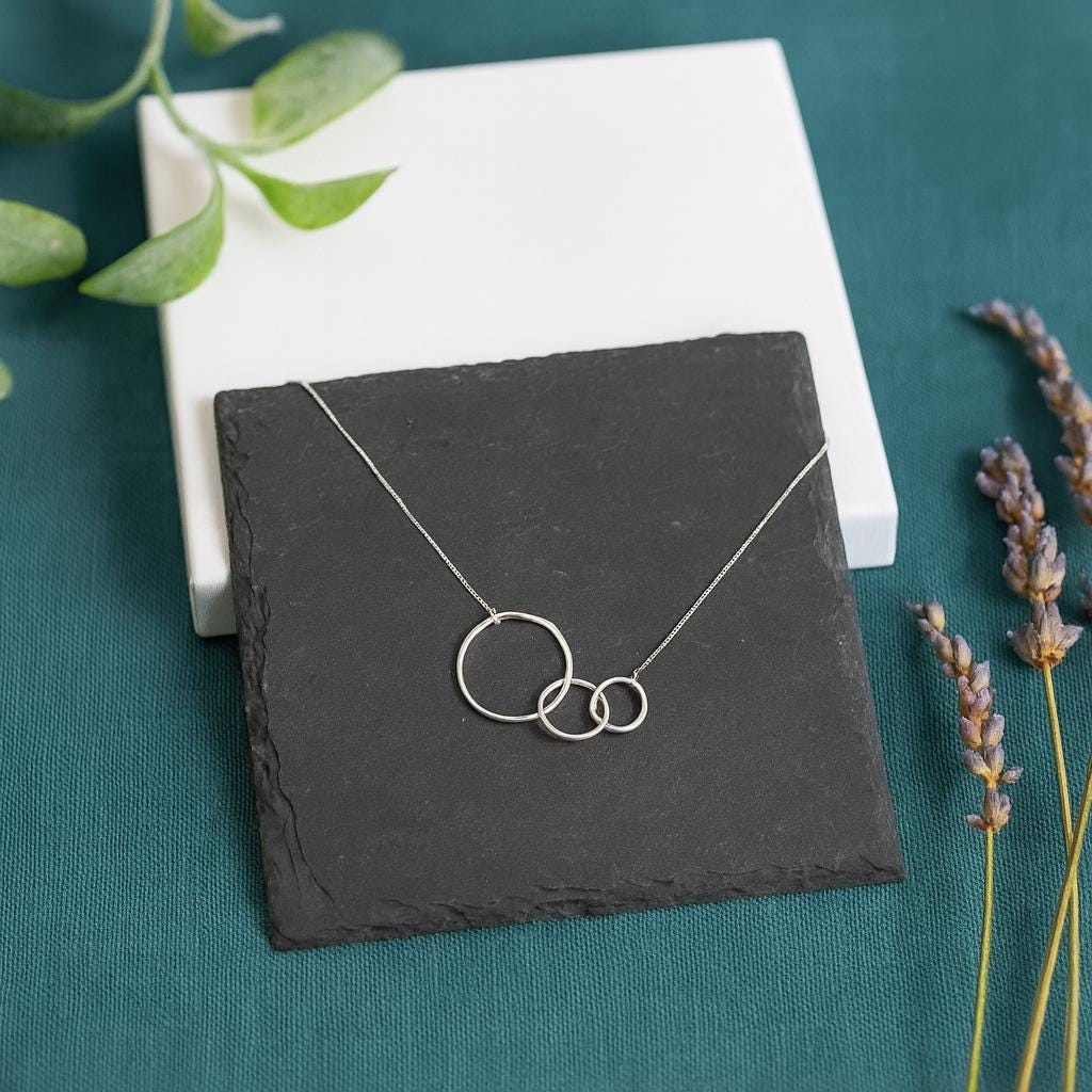 Sterling Silver Three Ring Necklace, Interlinked Necklace