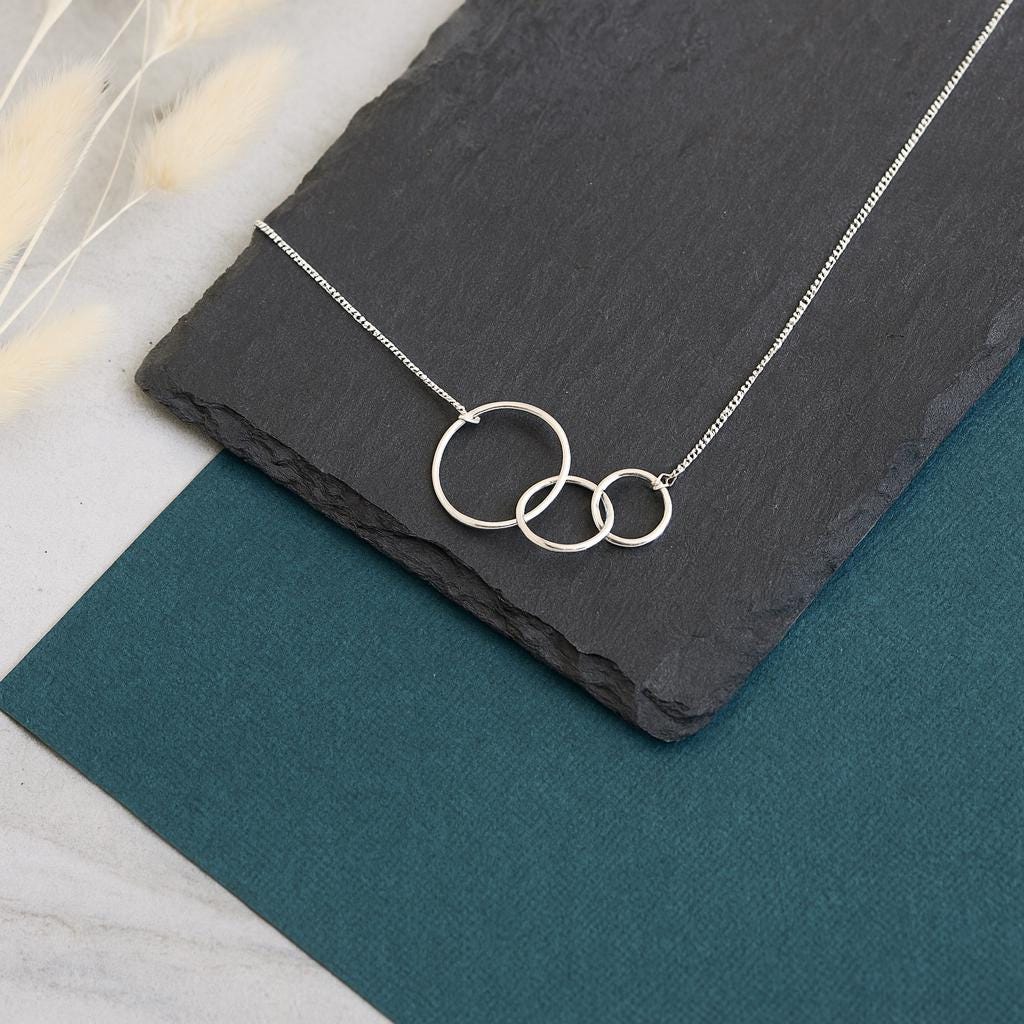 Sterling Silver Three Ring Necklace, Interlinked Necklace