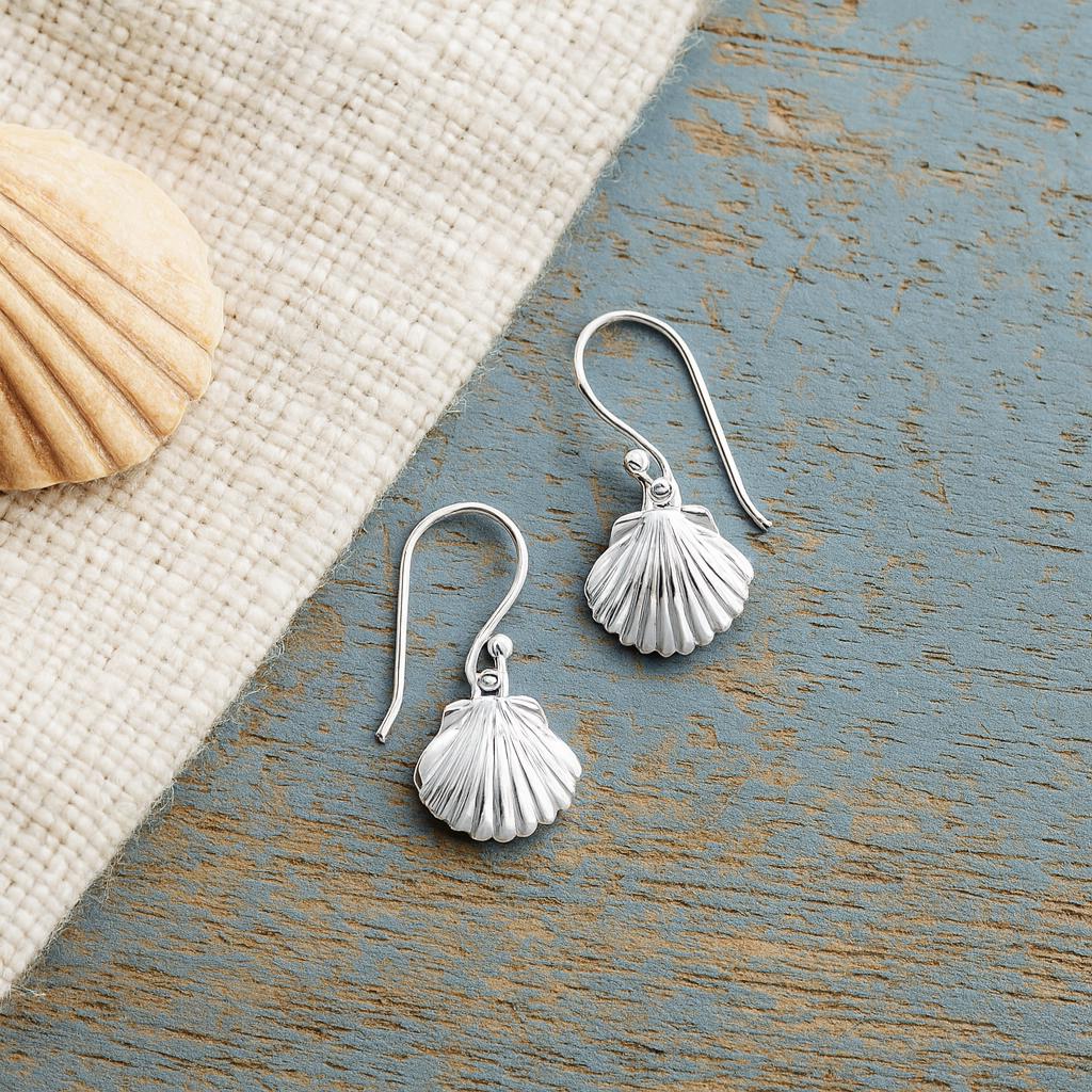 Sterling Silver Shell Drop Earrings : Ocean/Coastal Inspired Dangle Earrings
