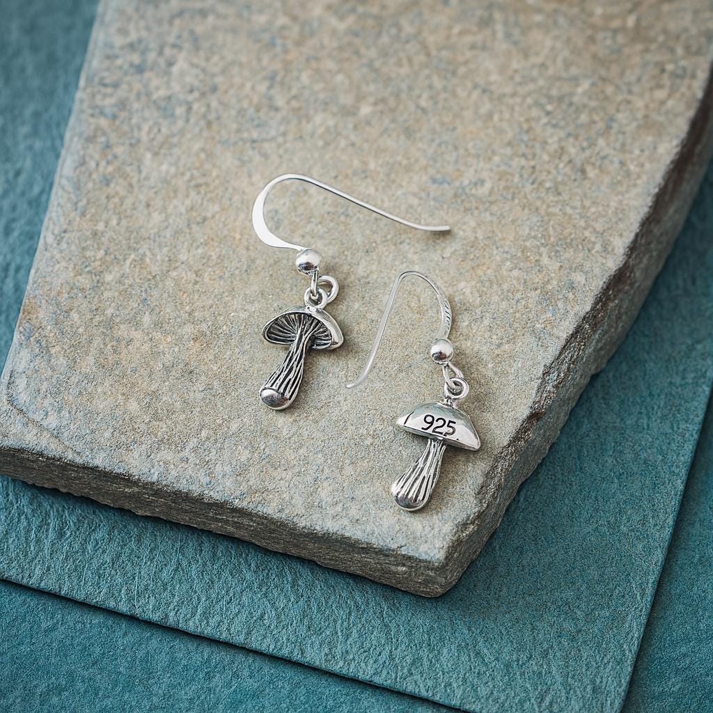 Sterling Silver Woodland Mushroom Drop Earrings : Fairy Core Boho Jewellery