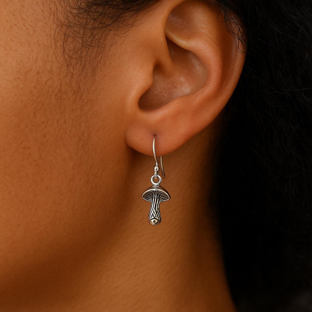 Sterling Silver Woodland Mushroom Drop Earrings : Fairy Core Boho Jewellery