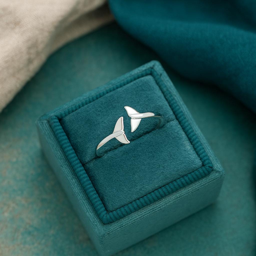 Sterling Silver Whale Tail Ring : Adjustable Open Ocean Jewellery, Nautical Ring for Sea Lovers, Surfer Gift, Mermaid Jewellery