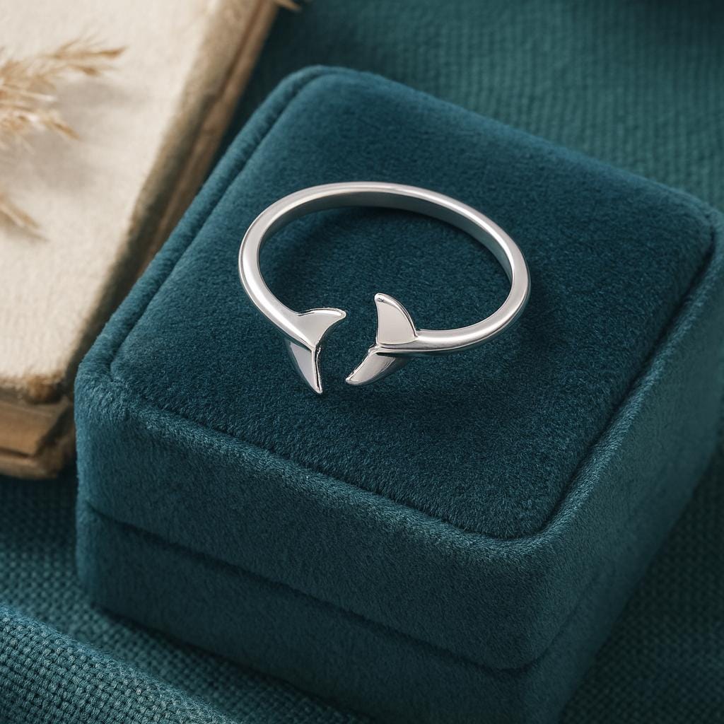 Sterling Silver Whale Tail Ring : Adjustable Open Ocean Jewellery, Nautical Ring for Sea Lovers, Surfer Gift, Mermaid Jewellery