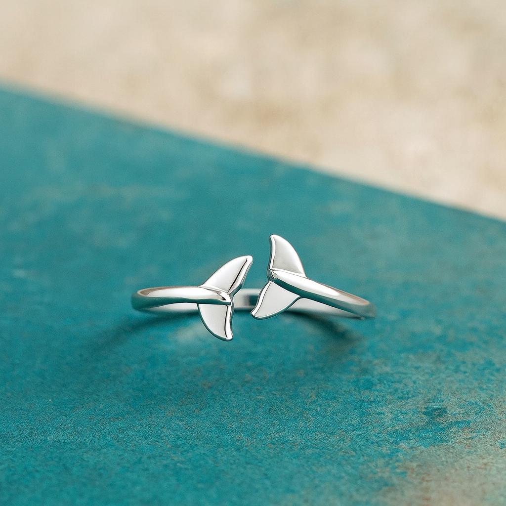 Sterling Silver Whale Tail Ring : Adjustable Open Ocean Jewellery, Nautical Ring for Sea Lovers, Surfer Gift, Mermaid Jewellery