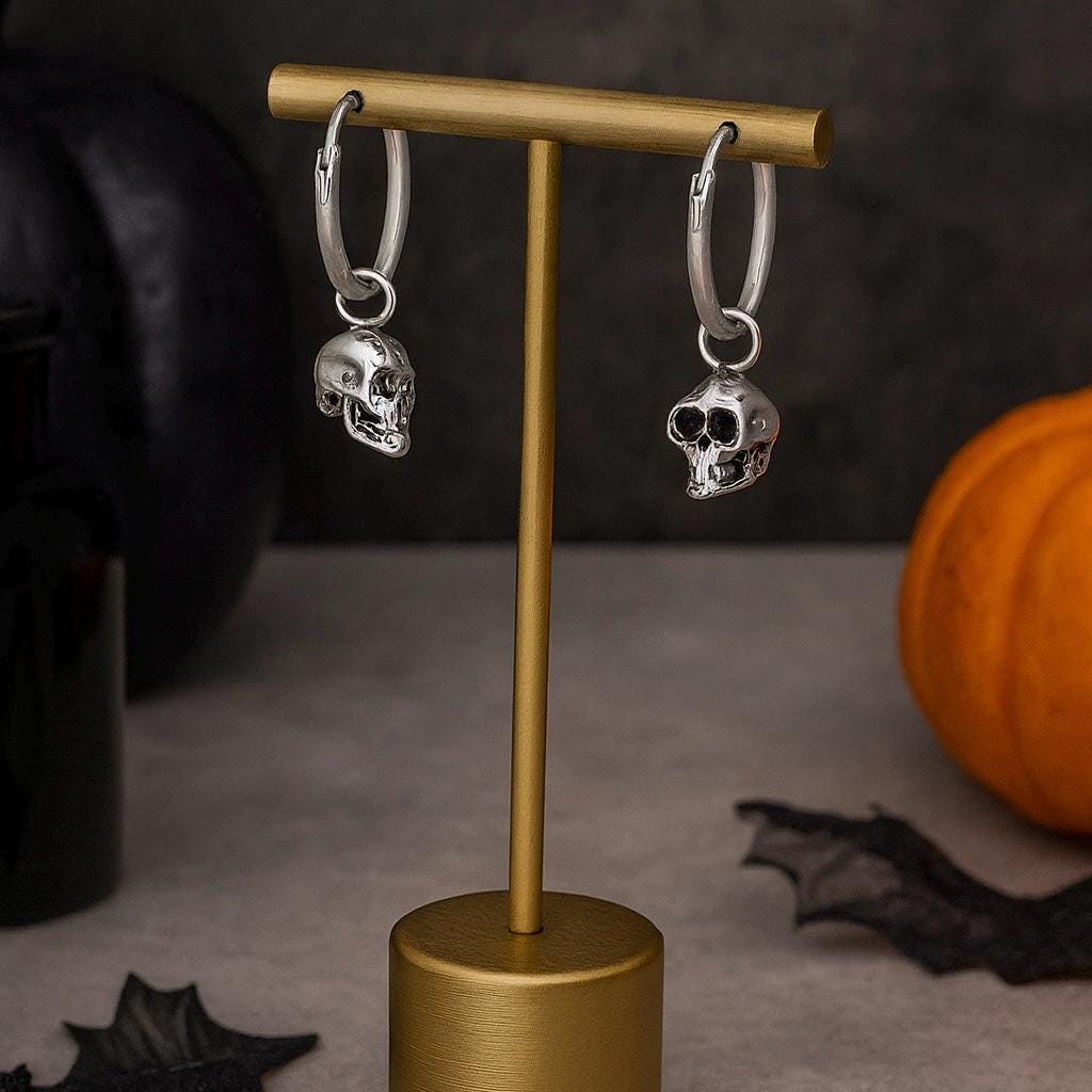 Sterling Silver Skull Hoop Earrings : Halloween/Gothic Jewellery