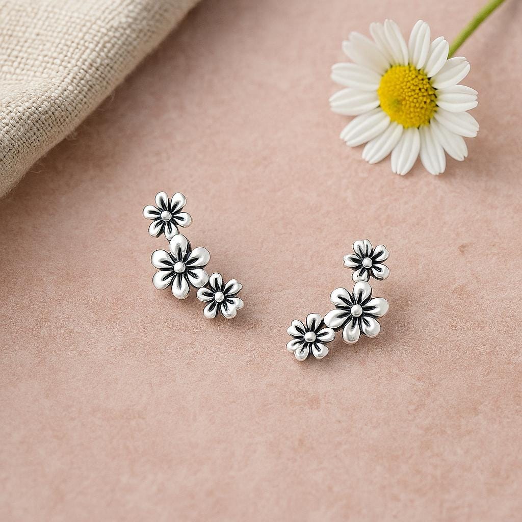Sterling Silver Triple Flower Stud Earrings : Dainty Floral Silver Earrings
