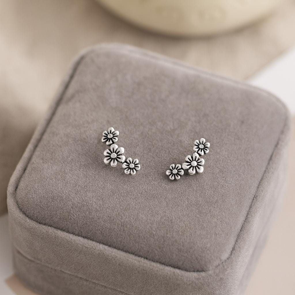 Sterling Silver Triple Flower Stud Earrings : Dainty Floral Silver Earrings