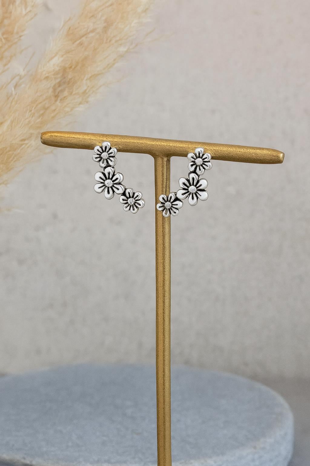 Sterling Silver Triple Flower Stud Earrings : Dainty Floral Silver Earrings