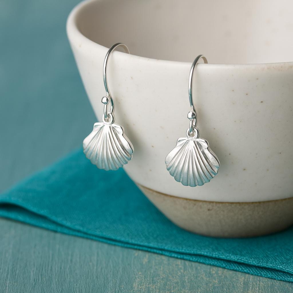 Sterling Silver Shell Drop Earrings : Ocean/Coastal Inspired Dangle Earrings